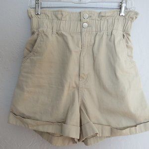 H&M Sz 6 Tan Khaki Elastic Paper Bag Waist Long 100% Cotton Shorts